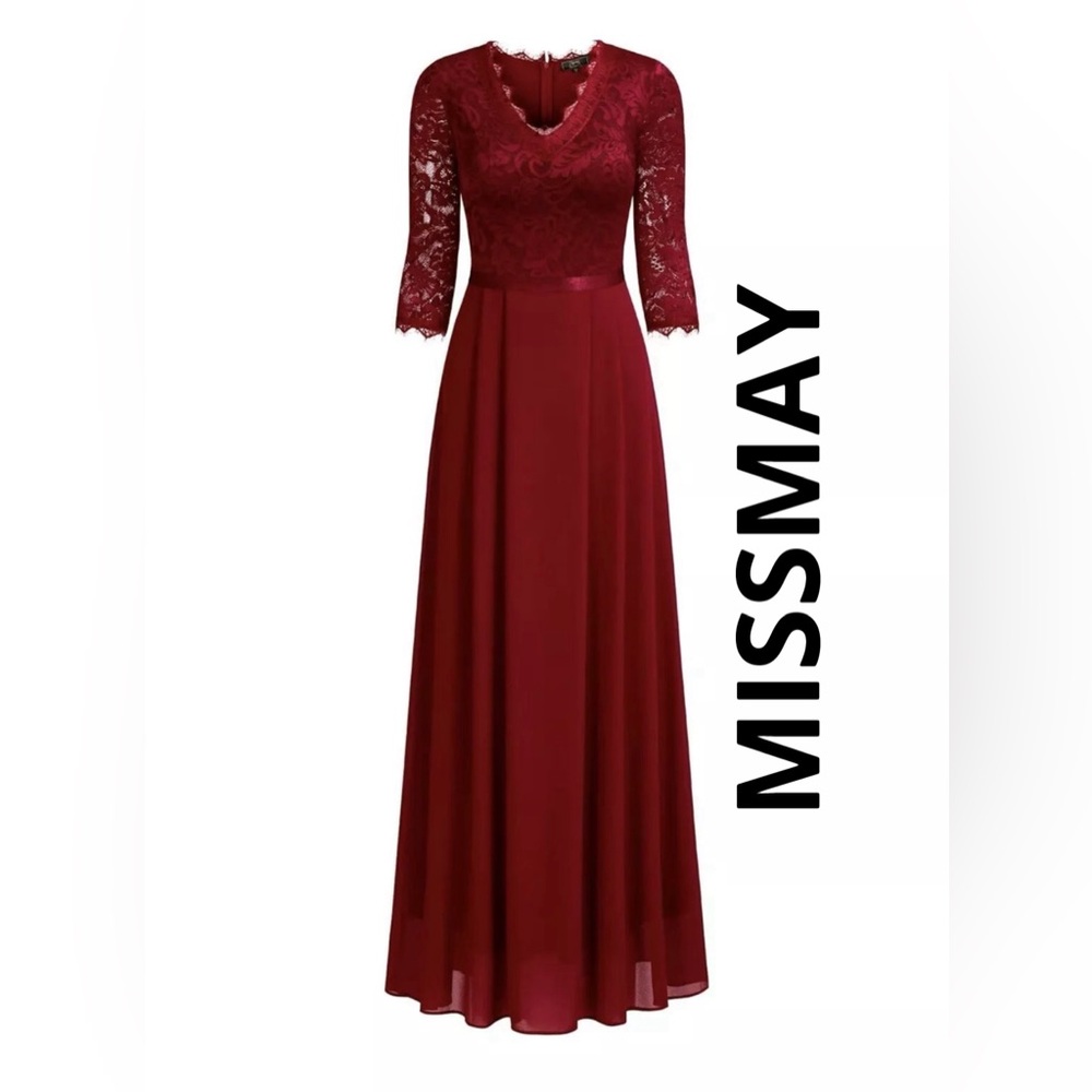 MISSMAY Formal Floral Red Dress. Lace, 2/3 Sleeves, Long, Size Medium. New!